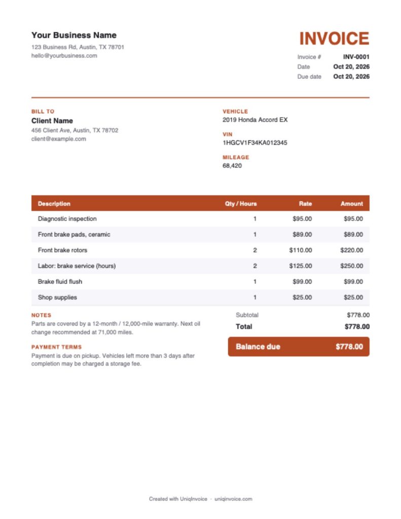 Auto Repair Invoice Template example