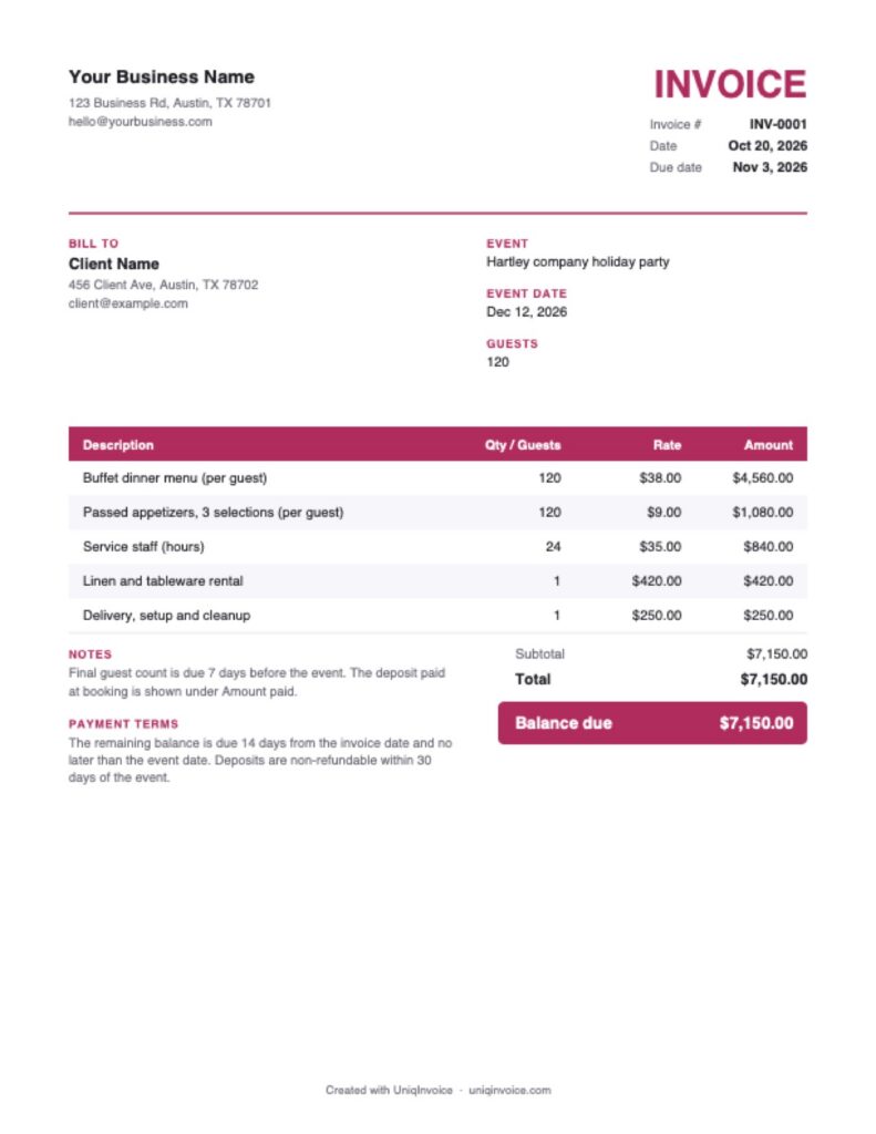 Catering Invoice Template example