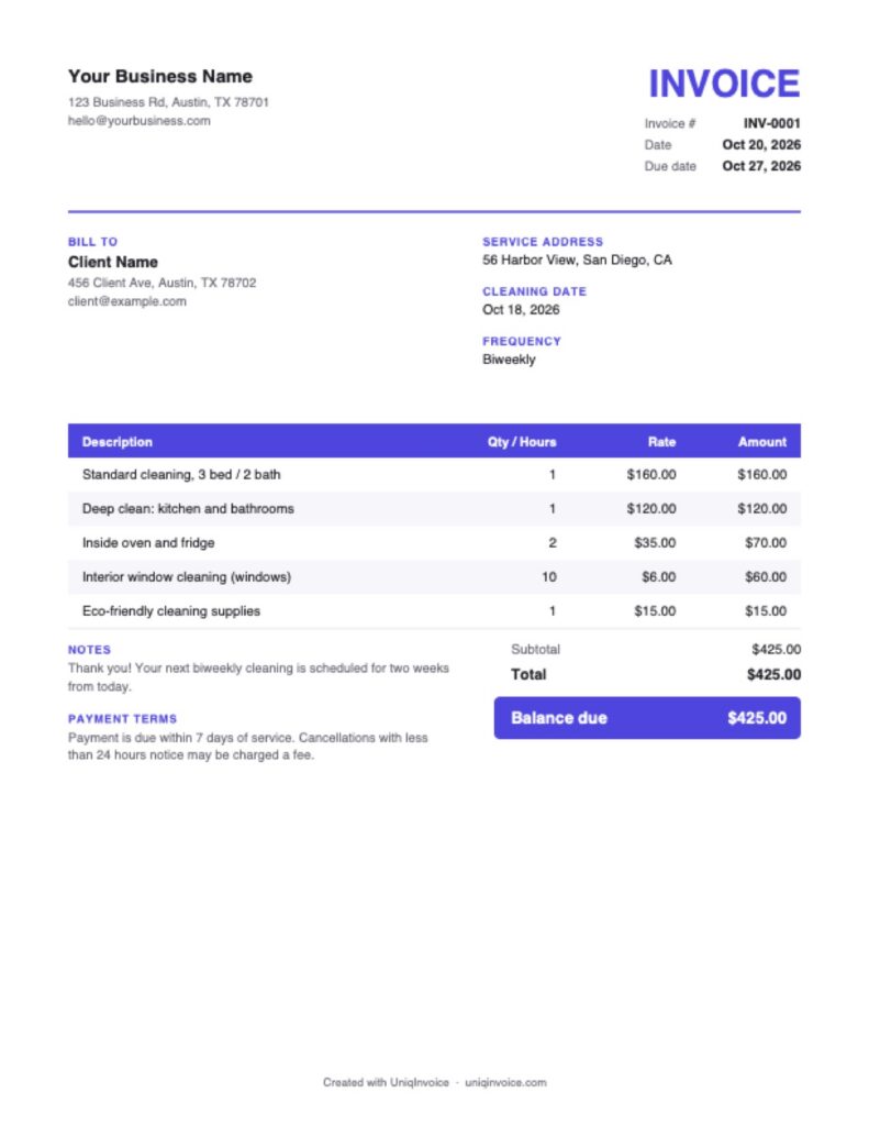 Cleaning Invoice Template example