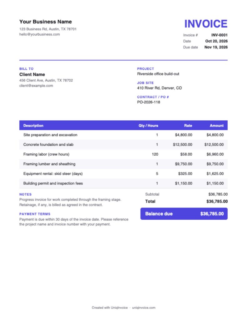 Construction Invoice Template example