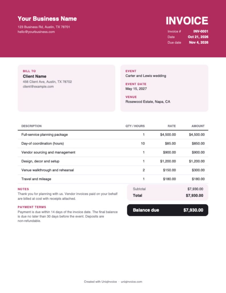 Event Planner Invoice Template example