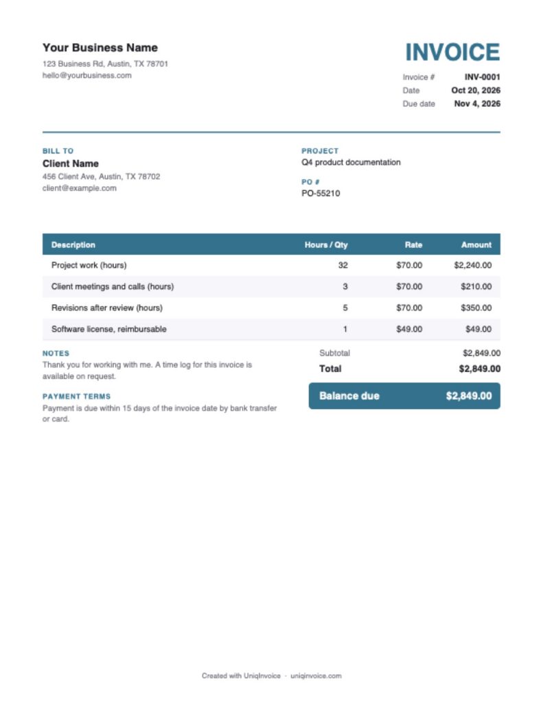 Freelance Invoice Template example