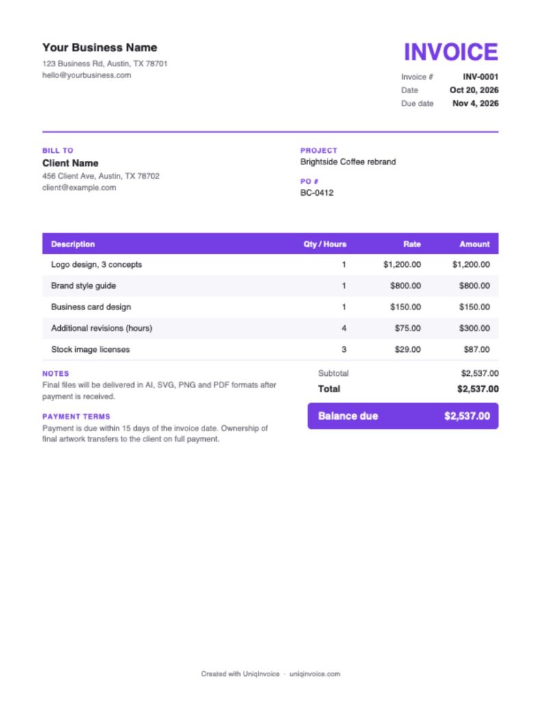 Graphic Design Invoice Template example