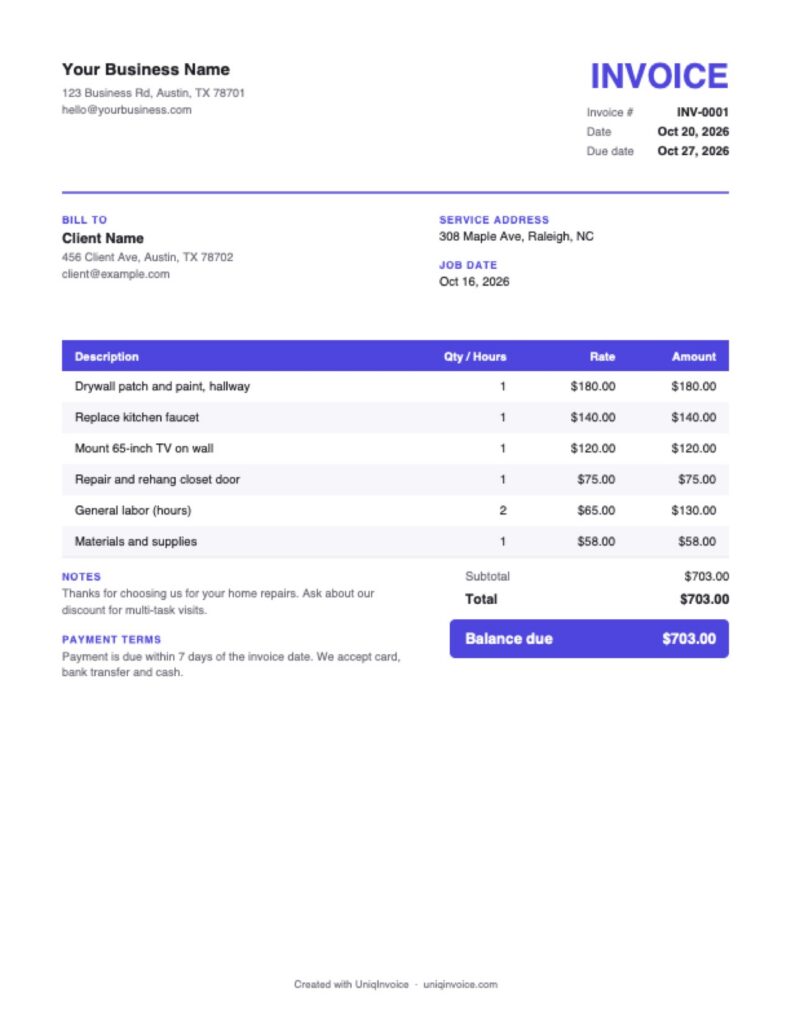 Handyman Invoice Template example