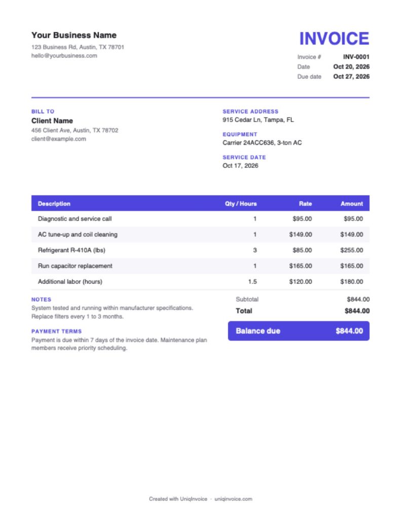 HVAC Invoice Template example