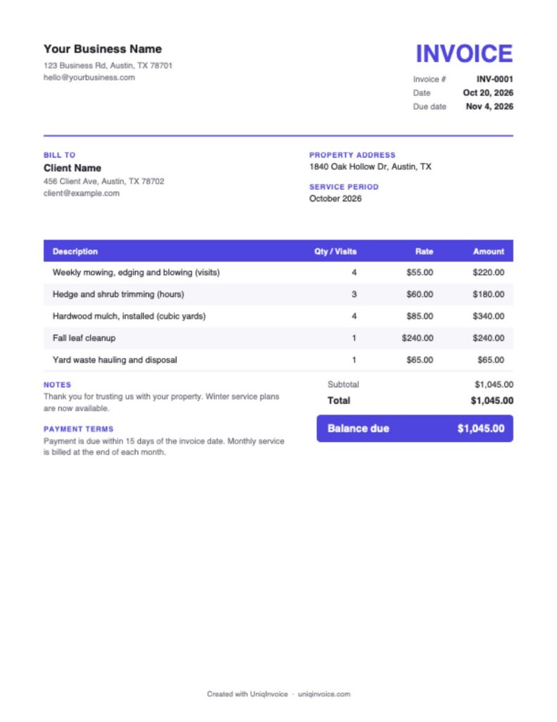 Landscaping Invoice Template example