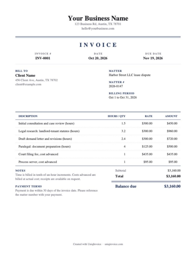 Legal Invoice Template example