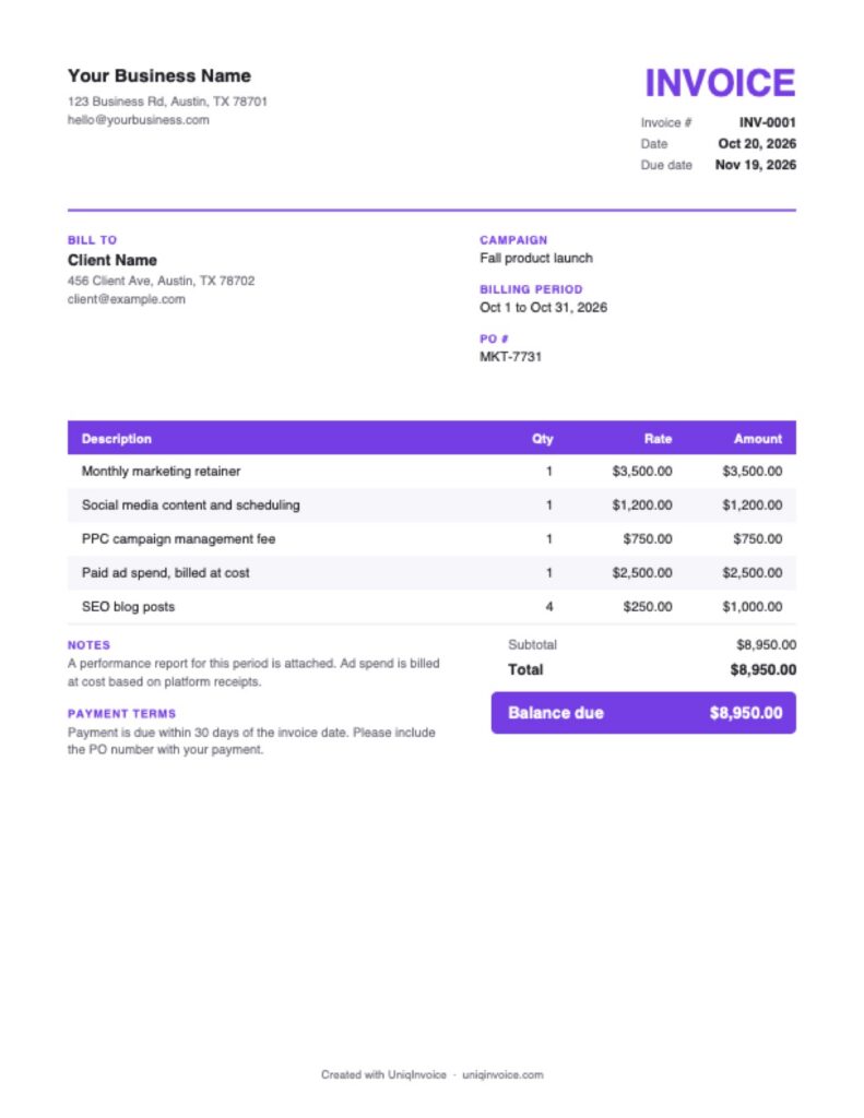 Marketing Agency Invoice Template example