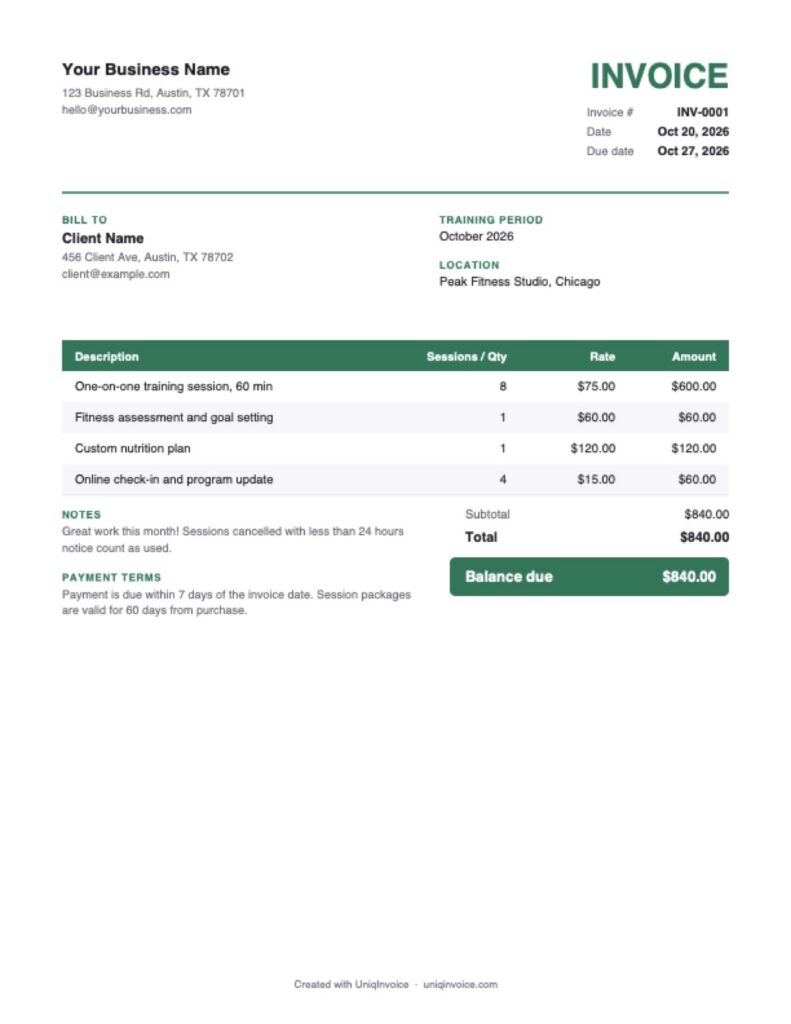 Personal Trainer Invoice Template example