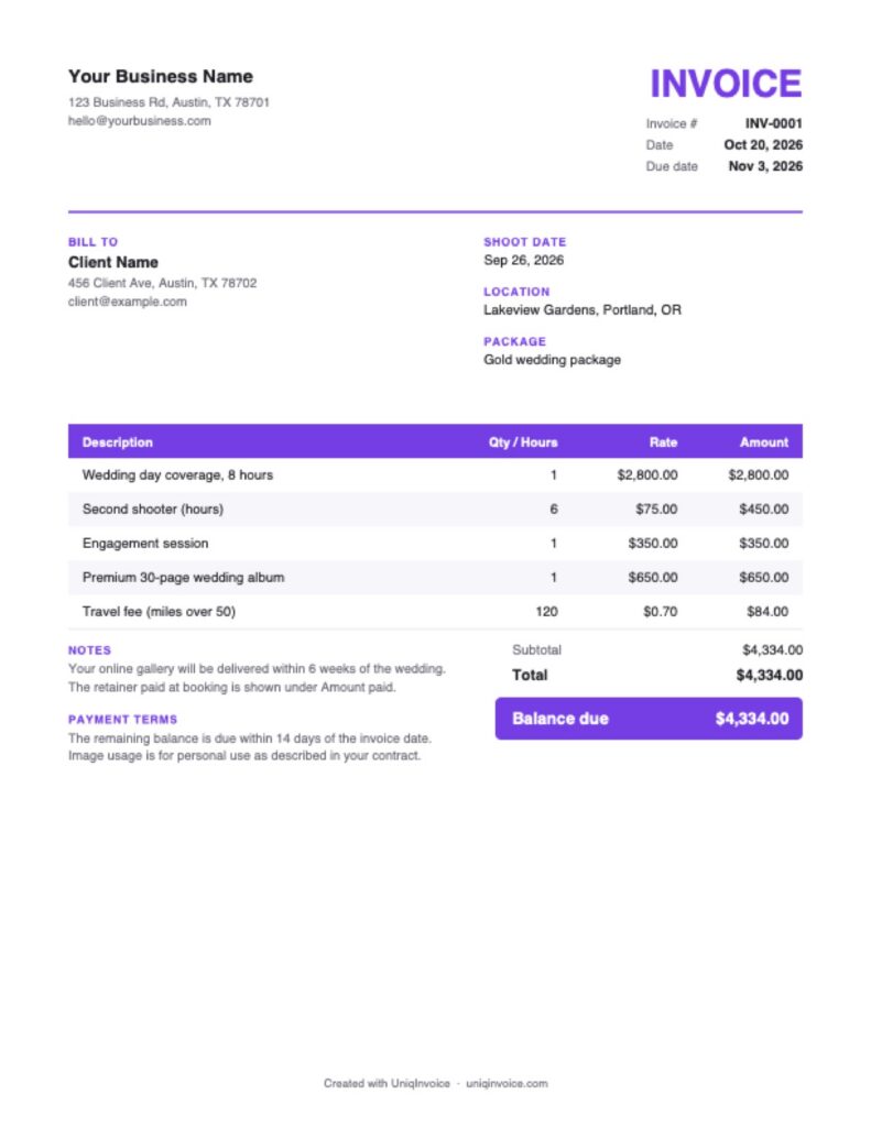 Photography Invoice Template example