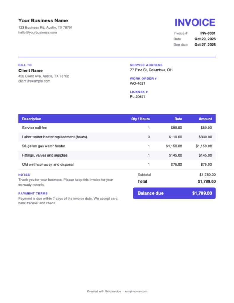 Plumbing Invoice Template example