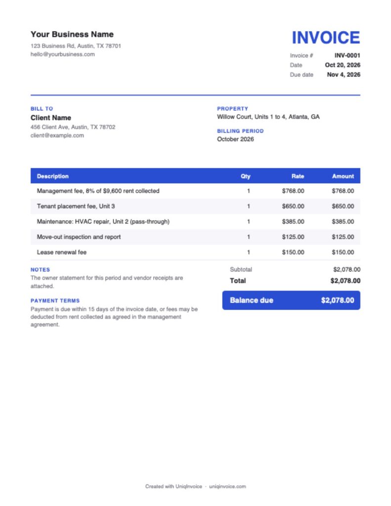Property Management Invoice Template example