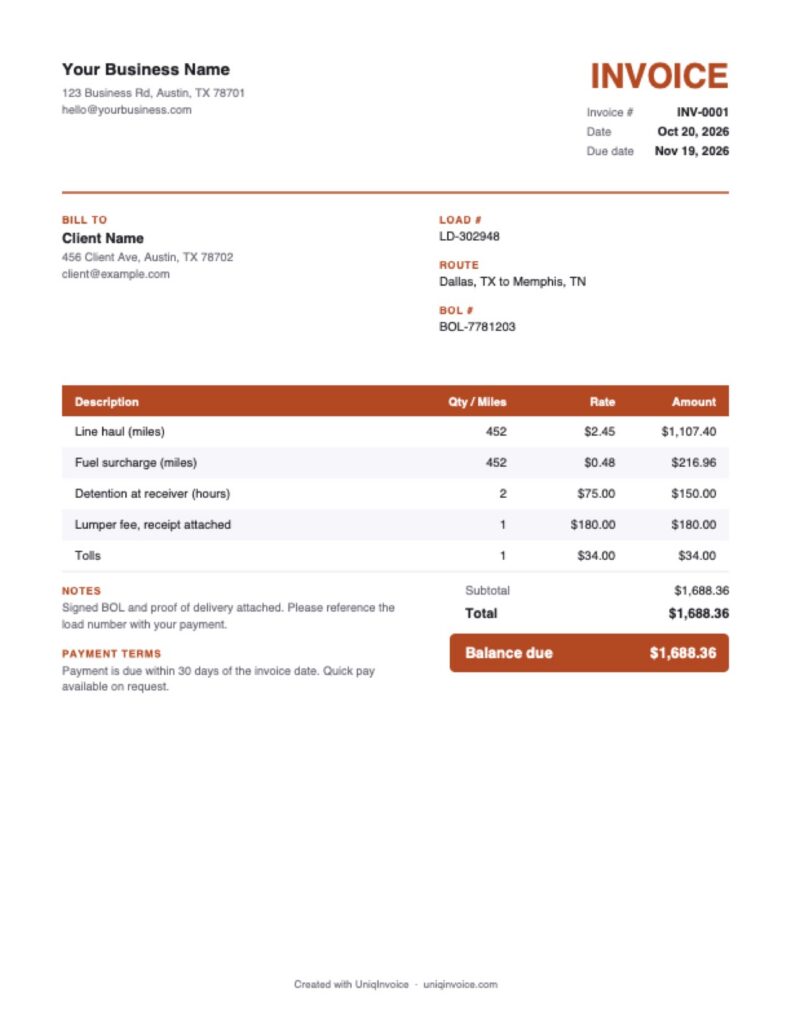 Trucking Invoice Template example