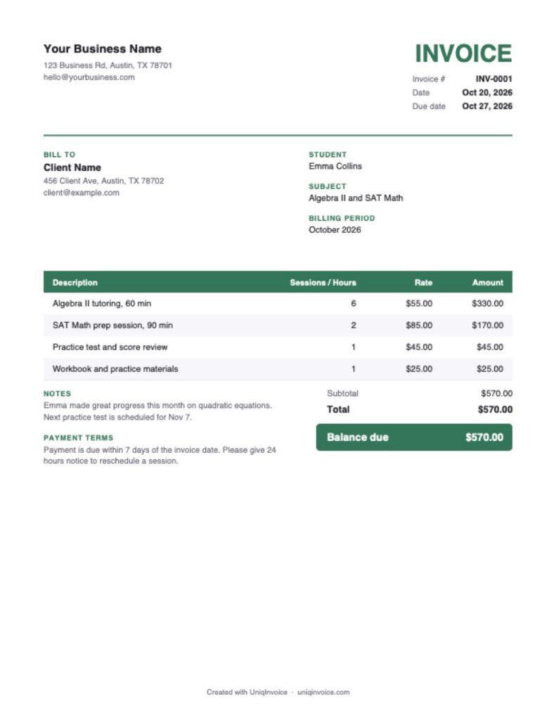 Tutoring Invoice Template example