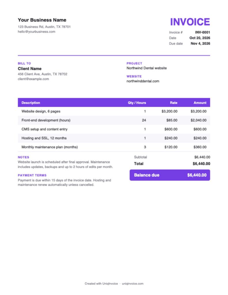 Web Design Invoice Template example